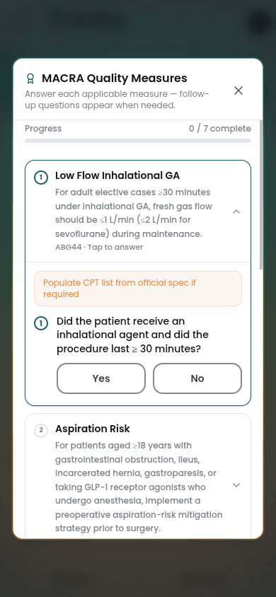 Ebility mobile MACRA Quality Measures step showing measure progress and a Low Flow Inhalational GA follow-up question