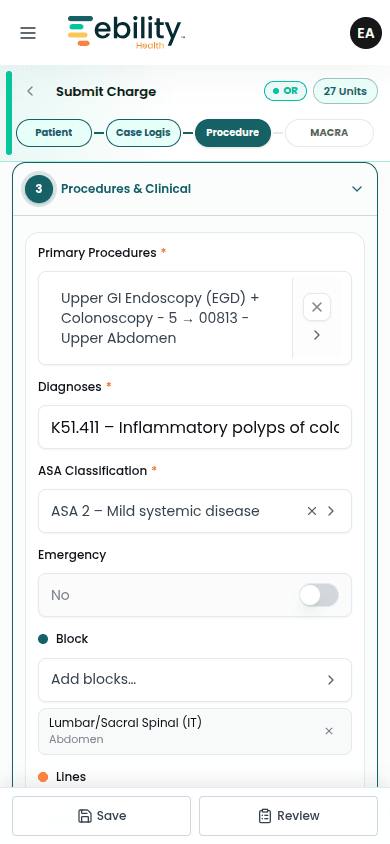 Ebility mobile Procedure step showing primary procedures, diagnoses, ASA classification, emergency toggle, blocks, and lines