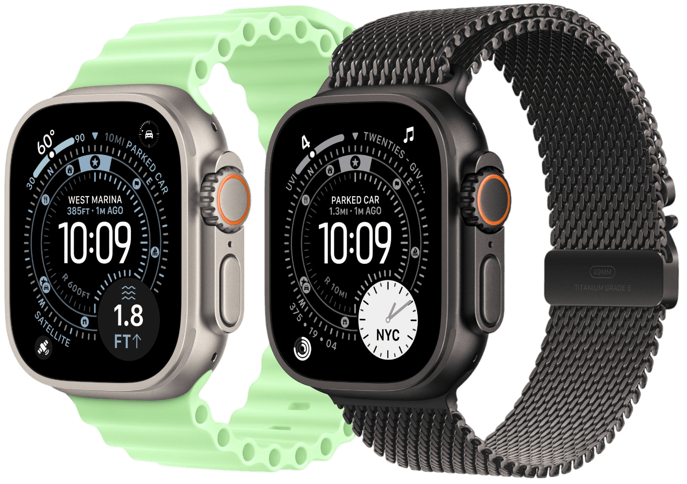 Two Apple Watch Ultra devices with green and black bands