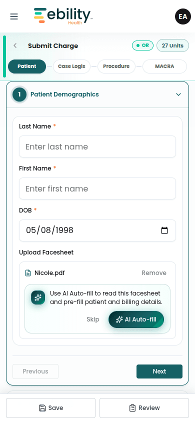 Ebility mobile Submit Charge Patient Demographics step showing last name, first name, date of birth, and facesheet upload